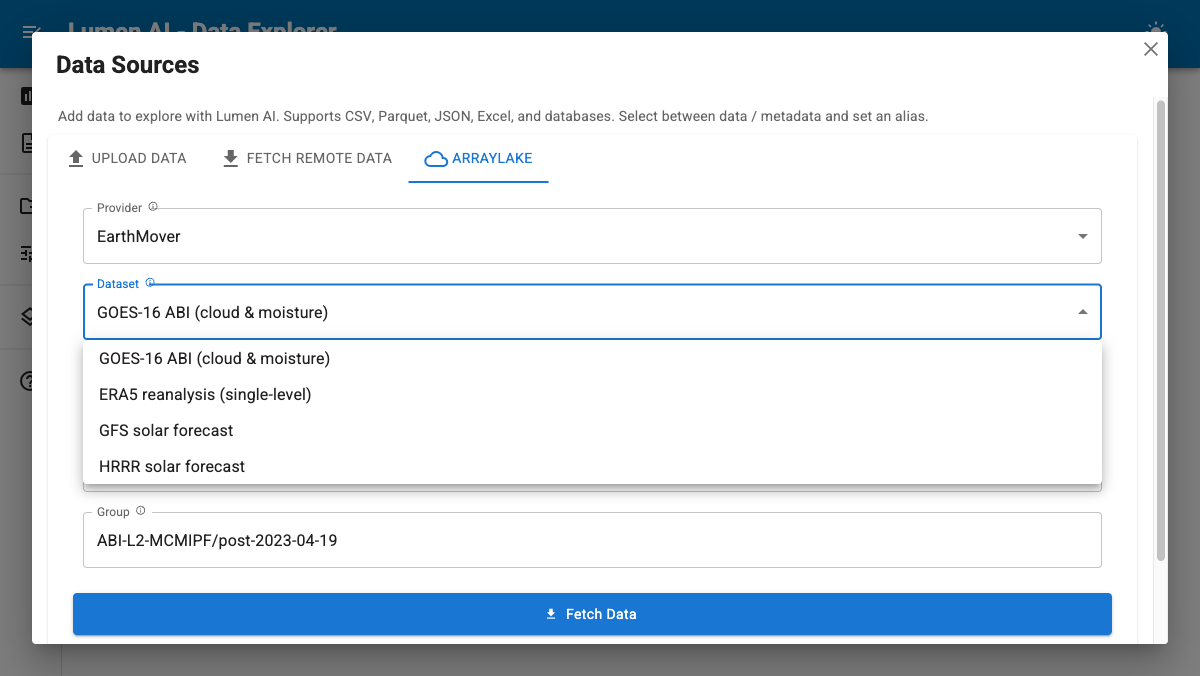 Lumen AI data source dialog with an Arraylake tab: a provider dropdown and a dataset list offering GOES-16 ABI, ERA5 reanalysis, GFS and HRRR solar forecasts.